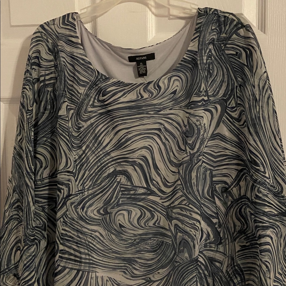Alfani Navy and White Swirl Print Sheer Blouse